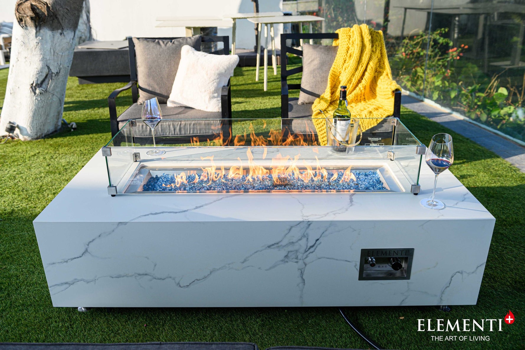 Carrara Bianco White marble porcelain fire table hero shot