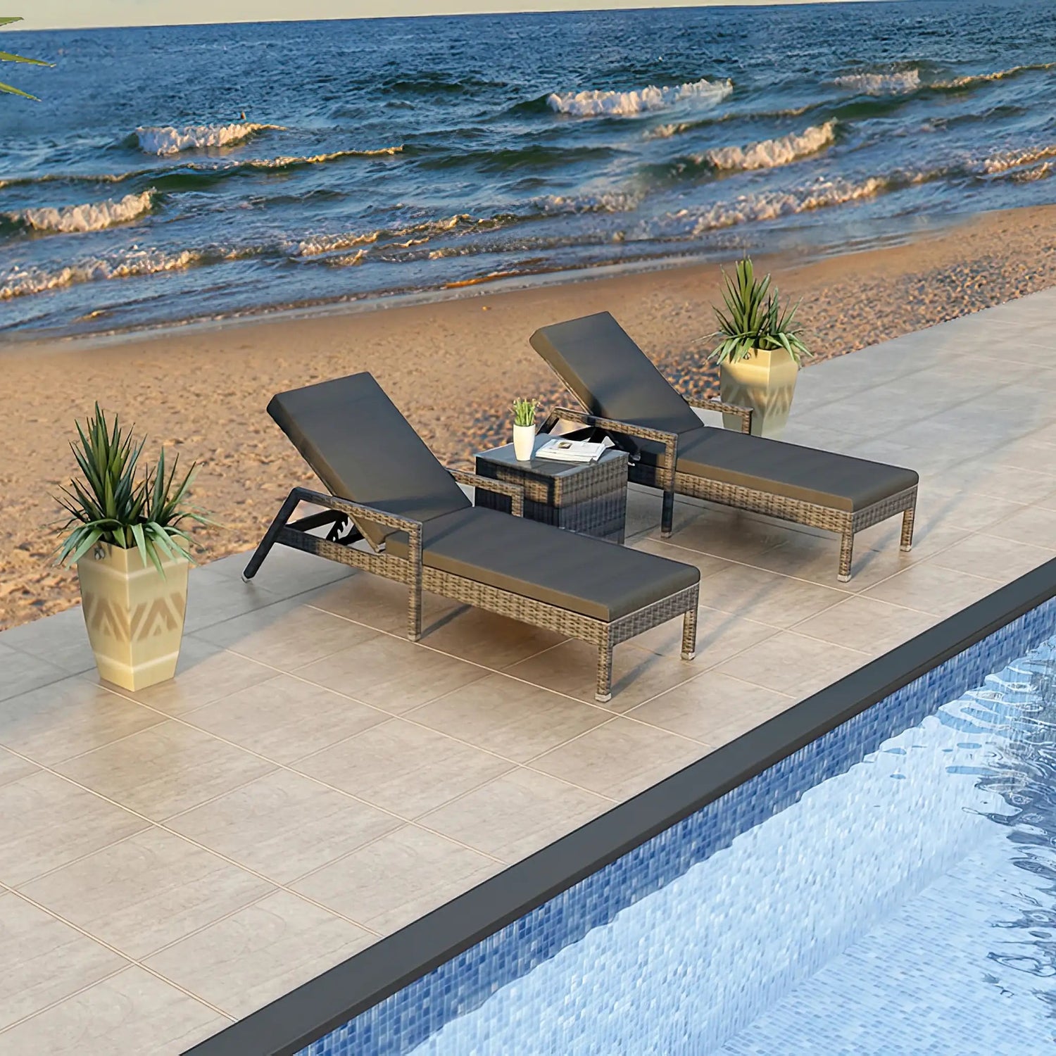 Harmonia Living District 3-Piece Reclining Chaise Lounge Set in Canvas Charcoal