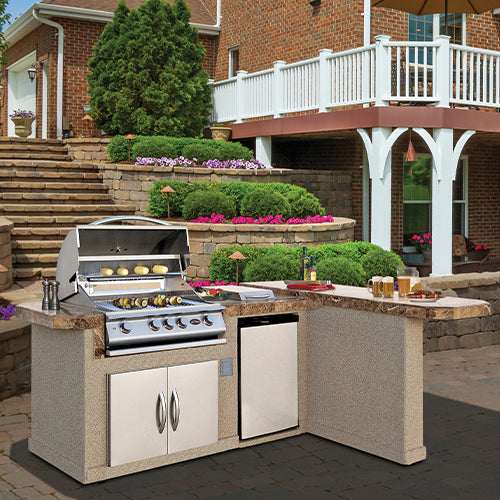 Cal Flame Malibu Q 830 outdoor kitchen island with built-in grill and storage doors