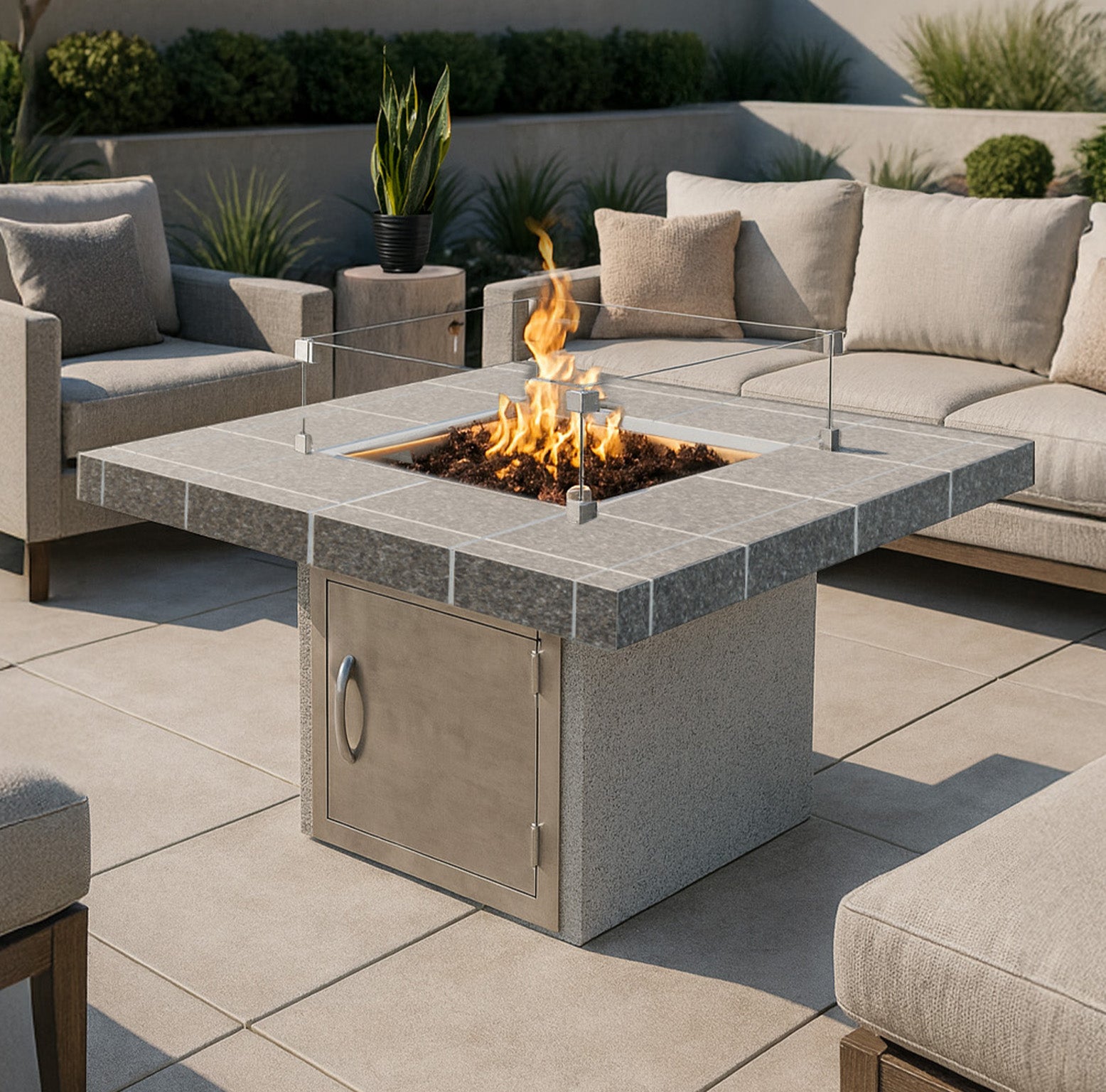 Cal Flame Mesa 38-inch square gas fire pit table with porcelain tile top in modern outdoor patio setting