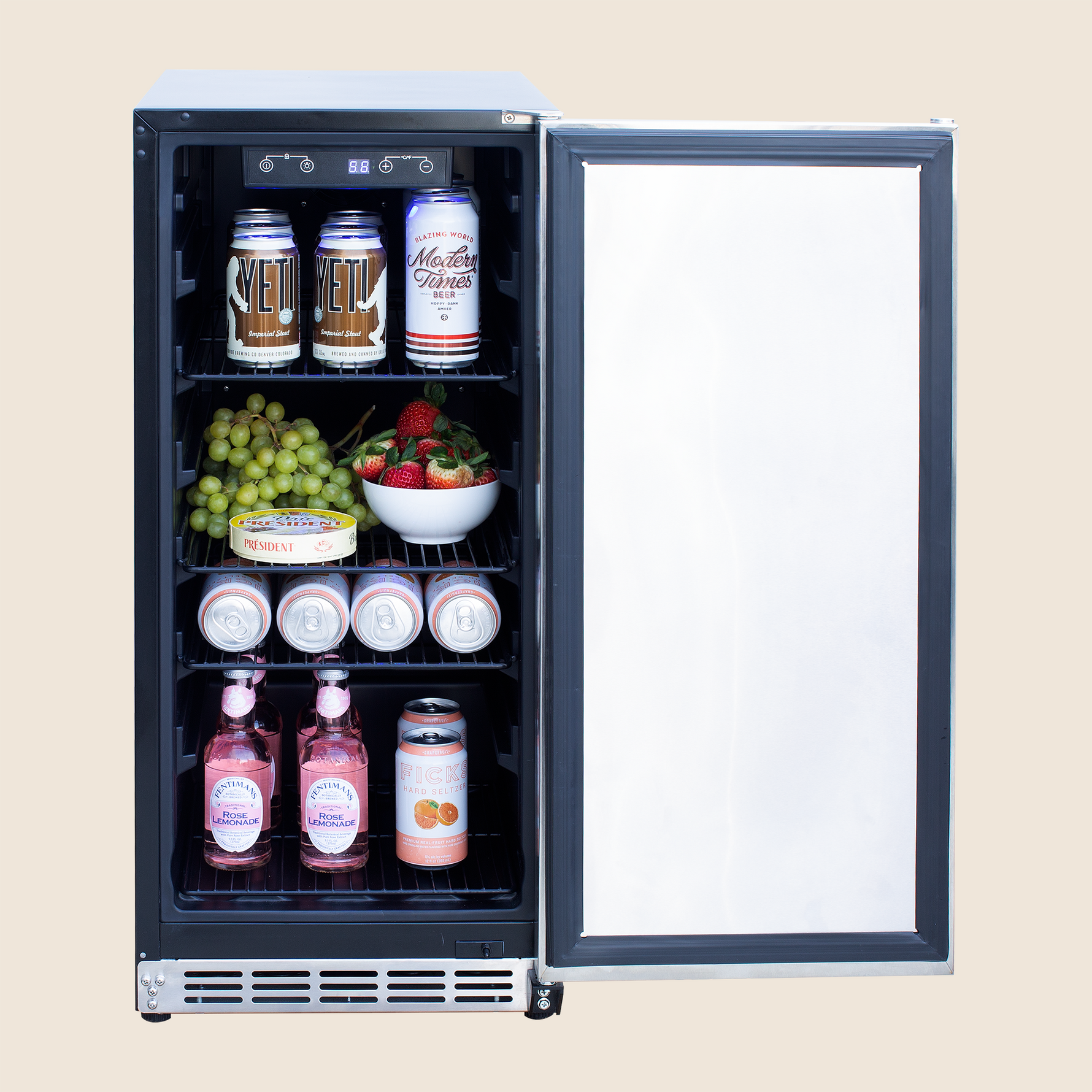 Summerset 15-inch compact fridge — open and stocked