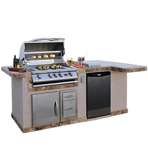 Cal Flame Avalon Q BBK-820 isometric view - 95.5-inch Escape Series outdoor kitchen island with G4 4-Burner grill