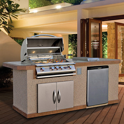 Cal Flame Bel Air Q BBK-810 Escape Series 95-inch premium outdoor BBQ kitchen island lifestyle photo