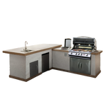 Cal Flame Carmel Q BBK-870 L-shaped BBQ island isometric angle view showing bar extension, P4 grill, refrigerator, and side burner