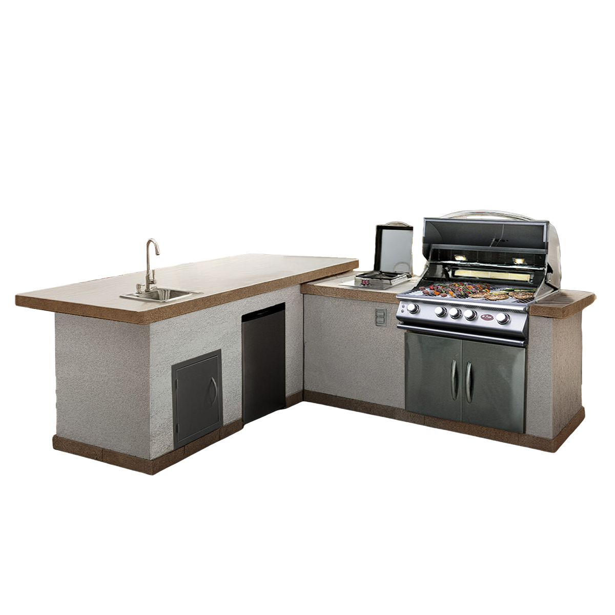 Cal Flame Carmel Q BBK-870 L-shaped BBQ island isometric angle view showing bar extension, P4 grill, refrigerator, and side burner