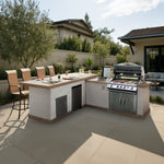 Cal Flame Carmel Q BBK-870 Platinum Series L-shaped BBQ island 111-inch outdoor kitchen lifestyle photo