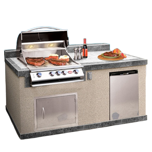 Cal Flame Costa Q PV6004 isometric view - Escape Series outdoor kitchen island with 4-Burner built-in grill