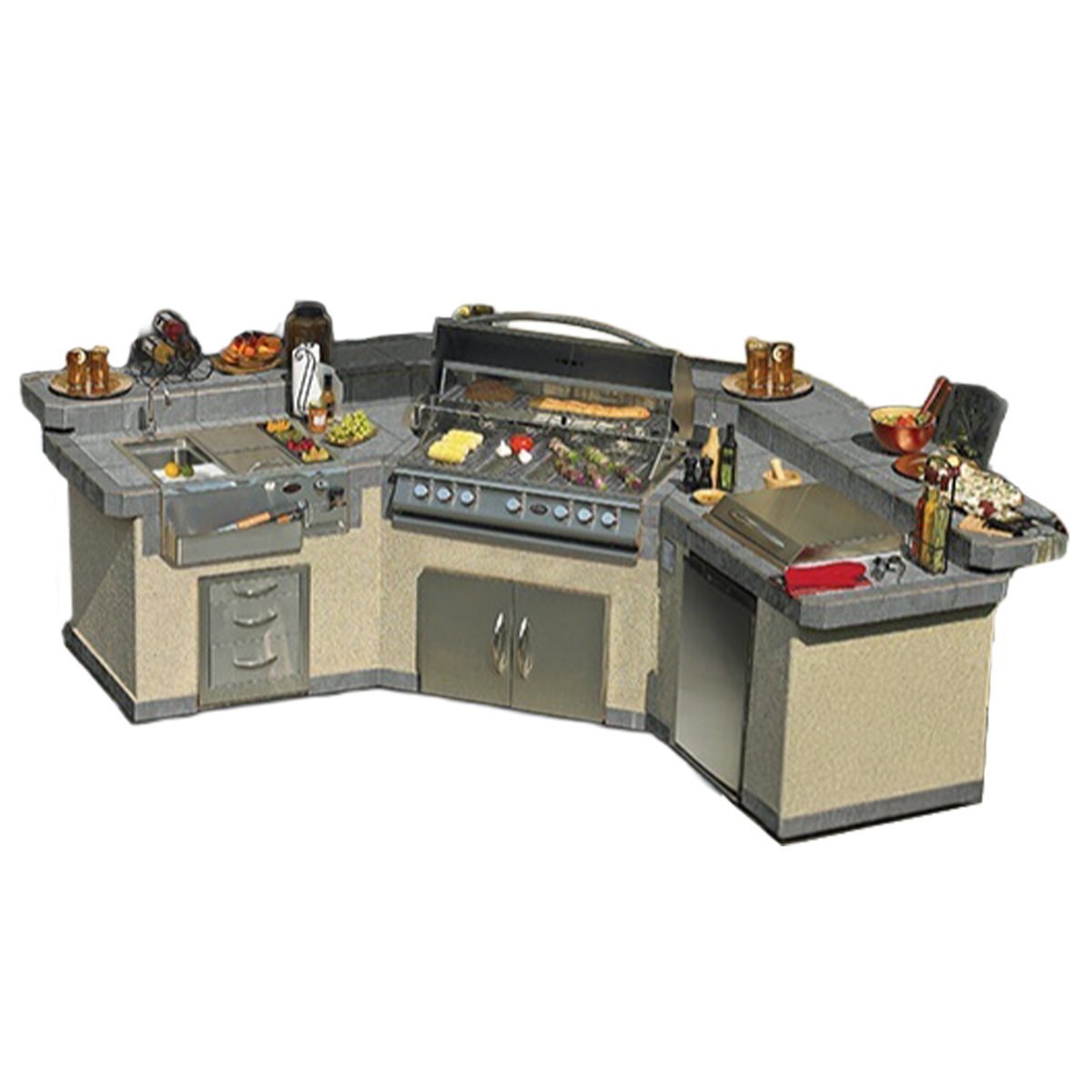 Cal Flame Laguna Q GPV-3100 isometric view - 190-inch 3-piece Platinum Series flagship BBQ island