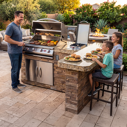 Cal Flame Malibu Q BBK-830 - Escape Series outdoor kitchen island with built-in grill and storage