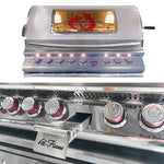 Cal Flame Top Gun grill closeup - double-layered welded hood, glass viewing window, one-piece heavy-duty handle, smoker box