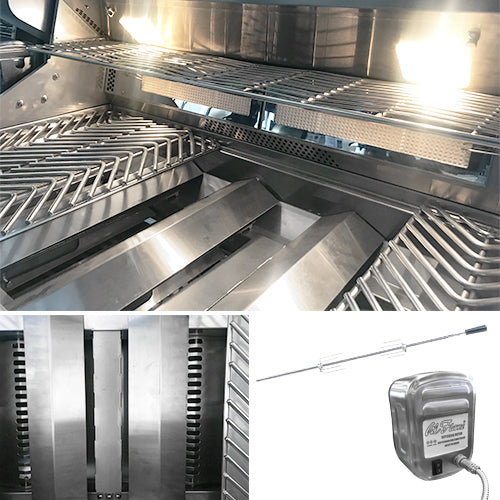 Cal Flame Top Gun interior - dual halogen interior lights, full-width warming rack, 22,000 BTU infrared back burners, rotisserie