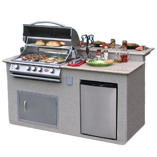 Cal Flame Tropical Q PV6016 isometric view - 73-inch Escape Series outdoor kitchen island with G4 4-Burner grill