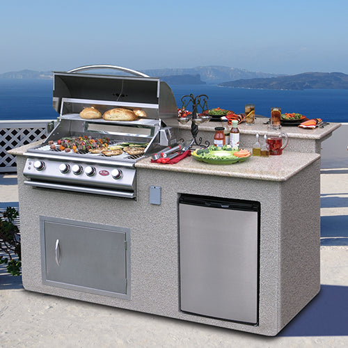 Cal Flame Tropical Q PV6016 Escape Series 73-inch outdoor BBQ kitchen island lifestyle photo