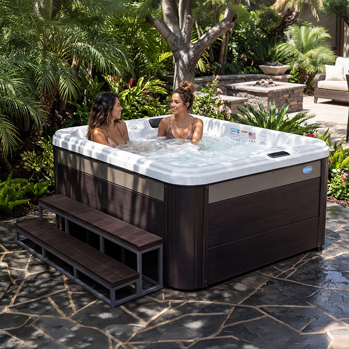Cal Spas Balboa PZ-516L 3-person plug and play hot tub lifestyle photo on premium patio