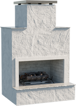 Cal Flame Cancun outdoor gas fireplace stucco with tile trim and bottom mantel