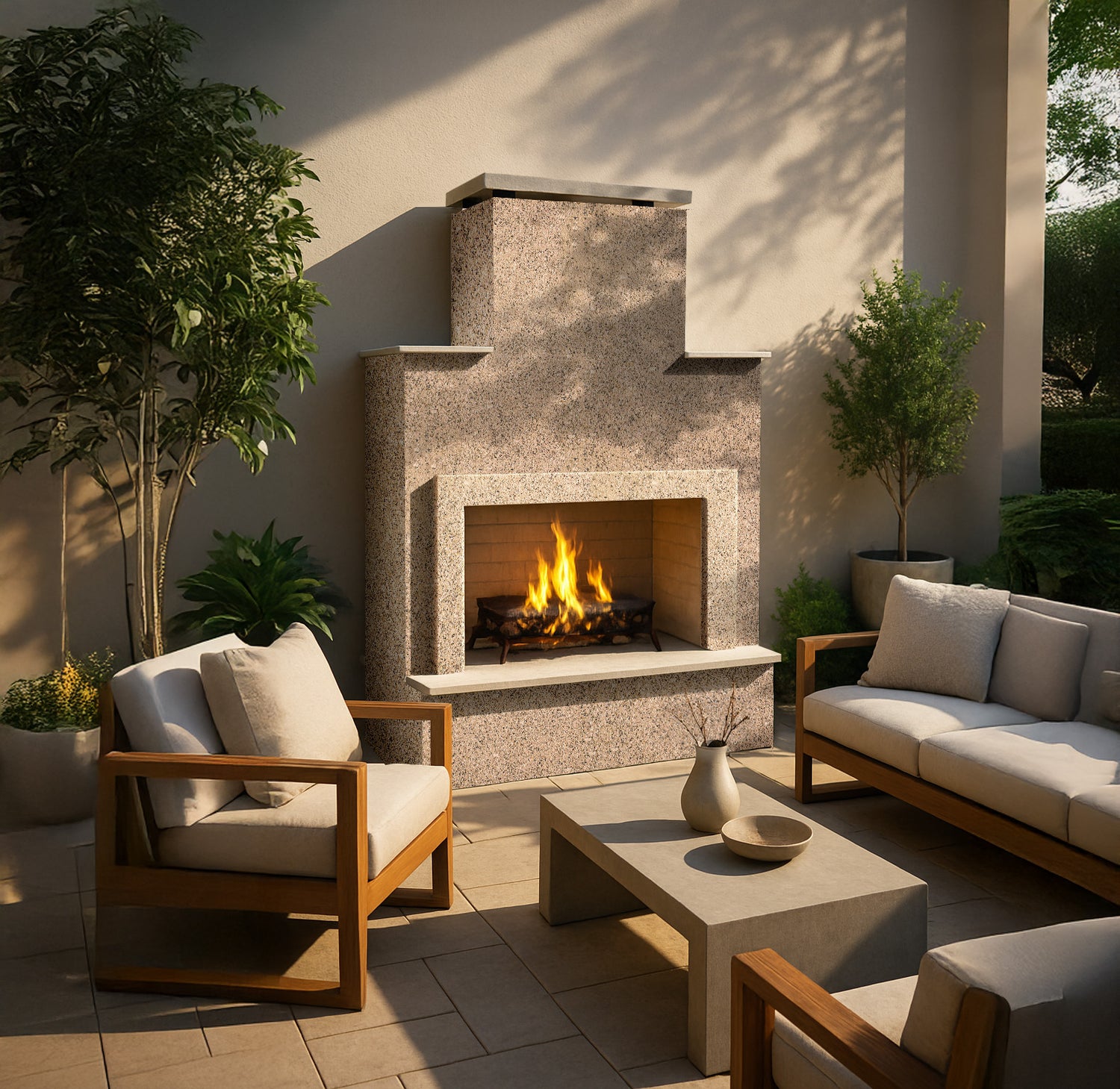 Cal Flame Cancun 48-inch contemporary outdoor gas fireplace with bottom mantel on a patio