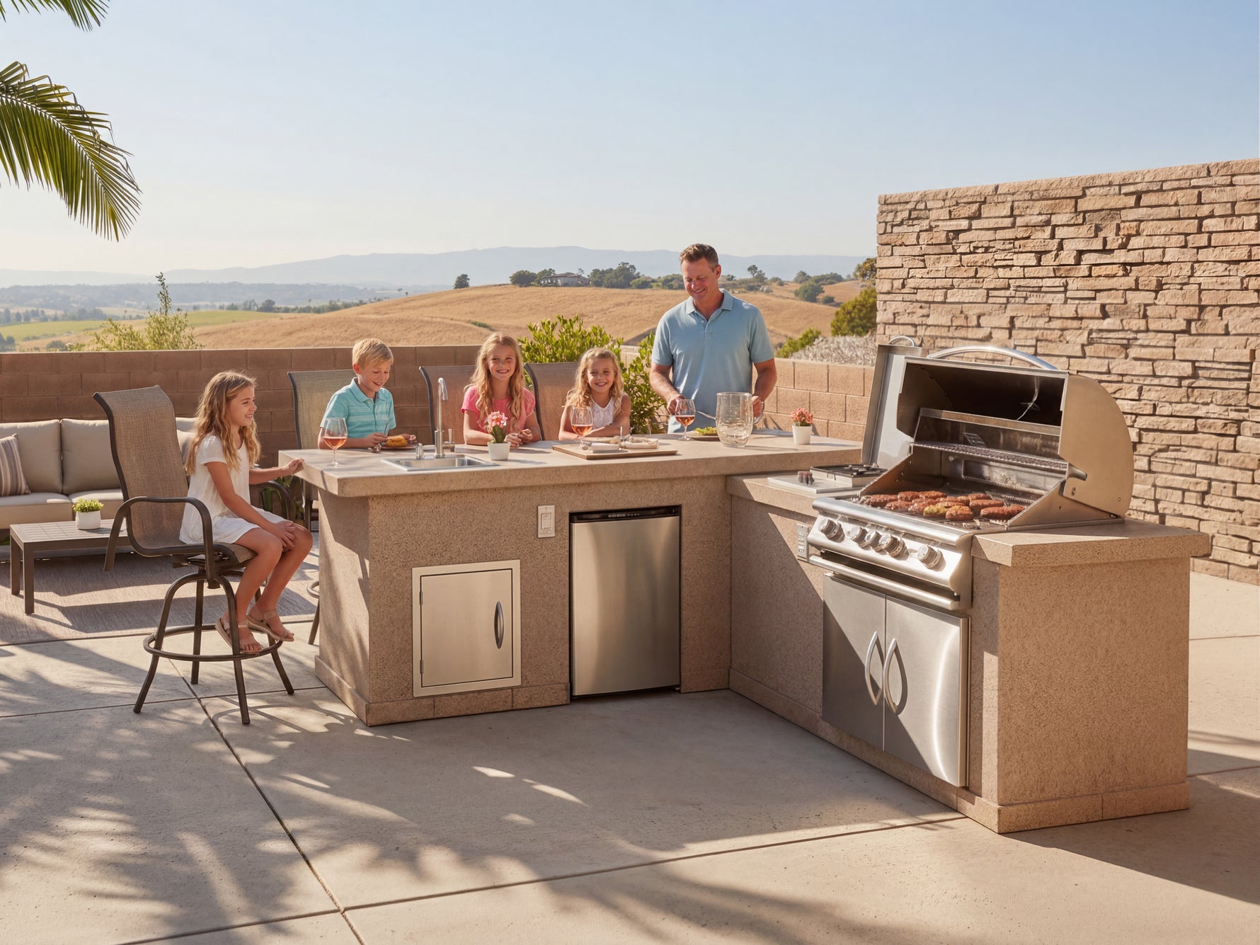 Cal Flame Carmel Q L-shaped BBQ island outdoor kitchen with family entertaining on a patio