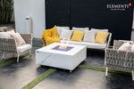 Bianco White marble porcelain fire table lifestyle scene
