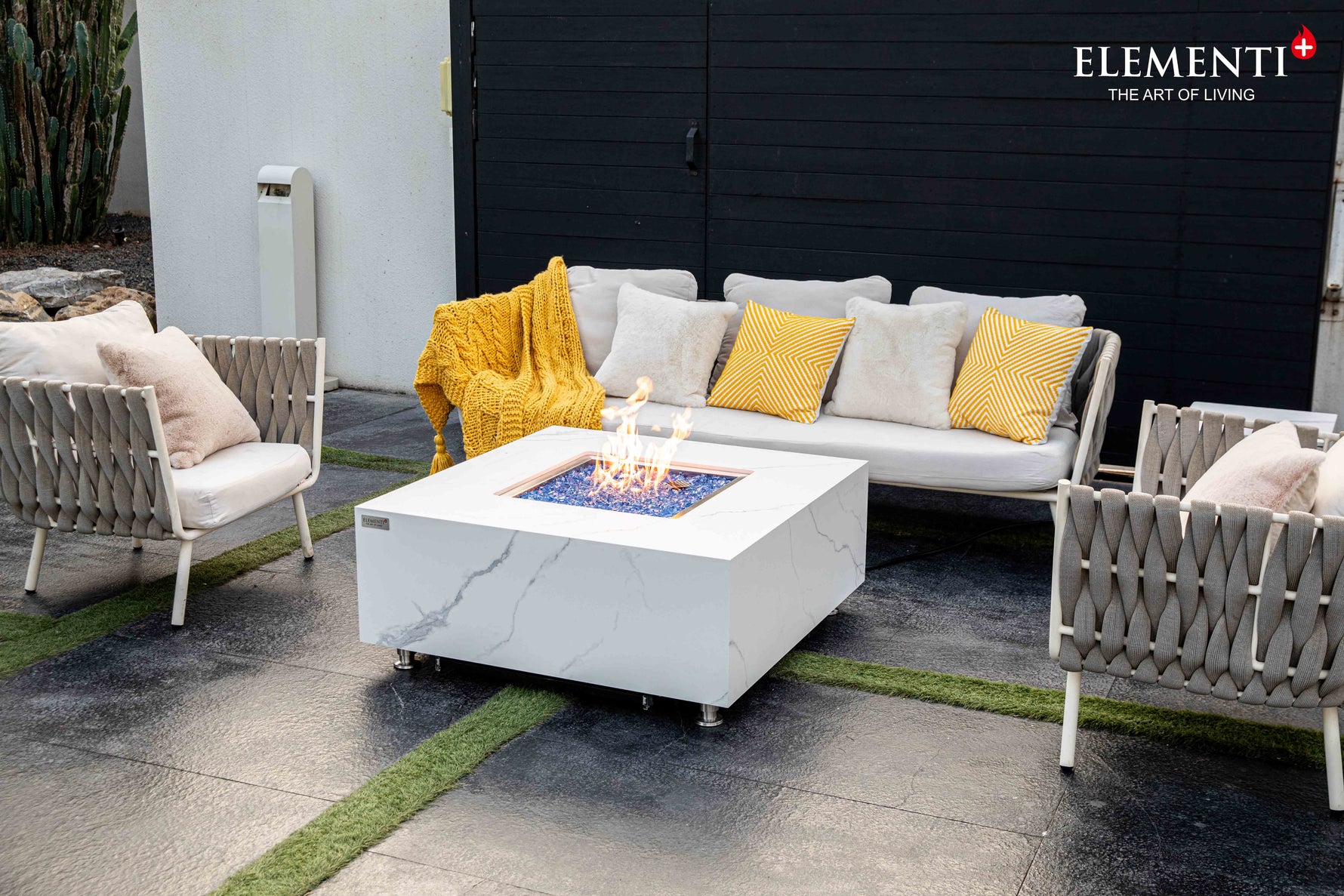 Bianco White marble porcelain fire table lifestyle scene