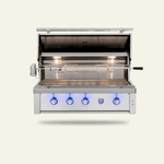 AMG Estate 42 built-in grill with hood open showing red brass burners and cooking grates