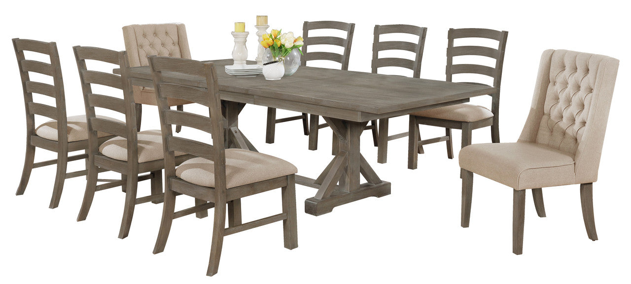 Best Quality Furniture Rustic 9pc Dining Set with Beige Linen Chairs and Extendable Wood Dining Table