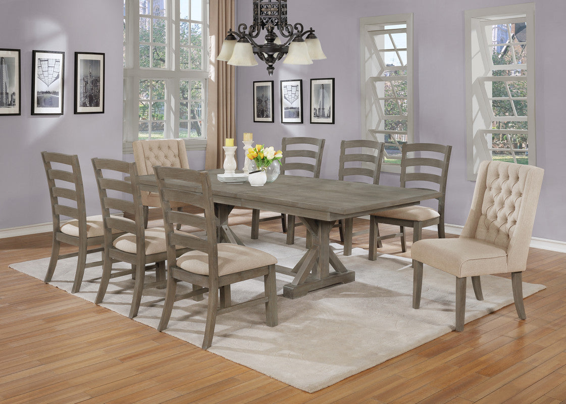 Best Quality Furniture Rustic 9pc Dining Set with Beige Linen Chairs and Extendable Wood Dining Table