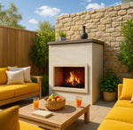 Cal Flame Cabo fireplace lit flame detail showing 90,000 BTU stainless burner output
