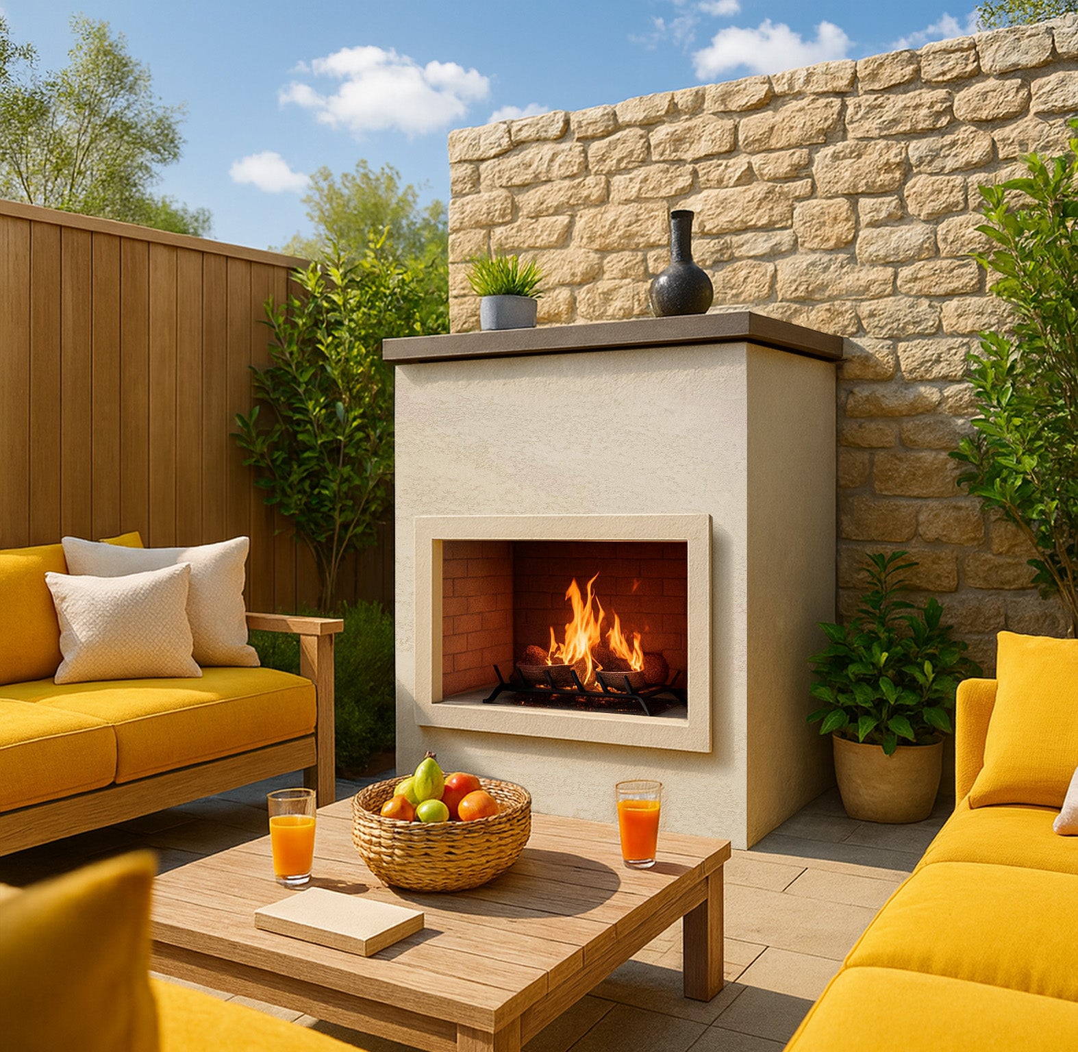 Cal Flame Cabo fireplace lit flame detail showing 90,000 BTU stainless burner output