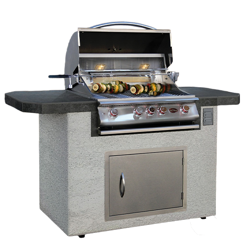 Cal Flame Kona Q BBK-601 compact BBQ island angle view showing G3 burner and access doors