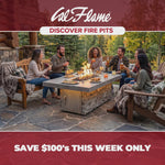 Cal Flame Mojave 72-inch gas fire pit table in an outdoor patio setting with flames lit