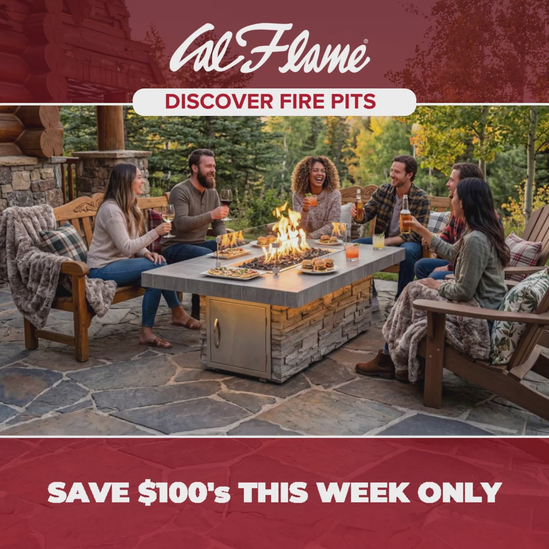 Cal Flame Mojave 72-inch gas fire pit table in an outdoor patio setting with flames lit