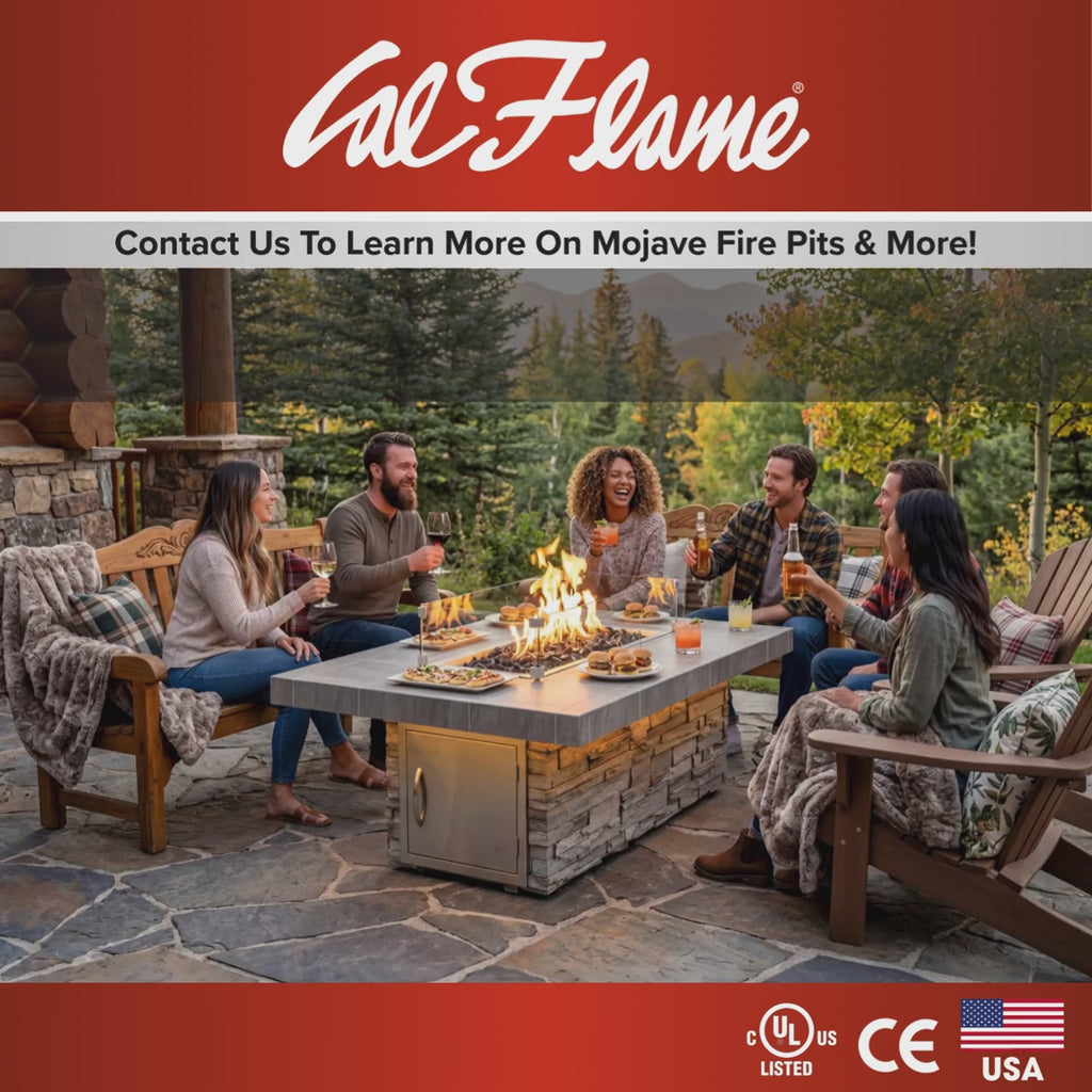 Cal Flame outdoor gas fire pit tables in an outdoor living setting