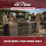 Cal Flame Baja Q 710 compact BBQ island with built-in grill in an outdoor kitchen setting
