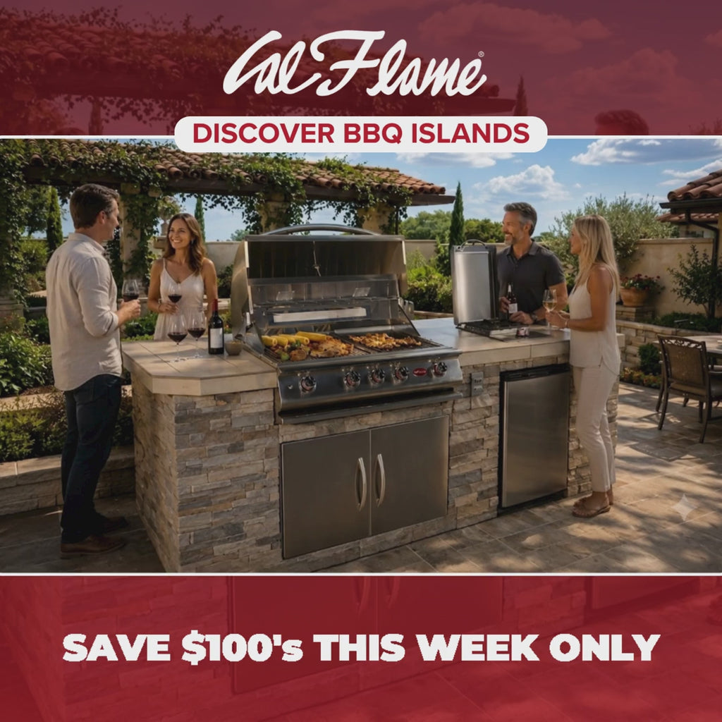 Cal Flame Baja Q 710 compact BBQ island with built-in grill in an outdoor kitchen setting