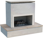 Cal Flame Sahara widebody outdoor gas fireplace with wrap-around mantel and tile