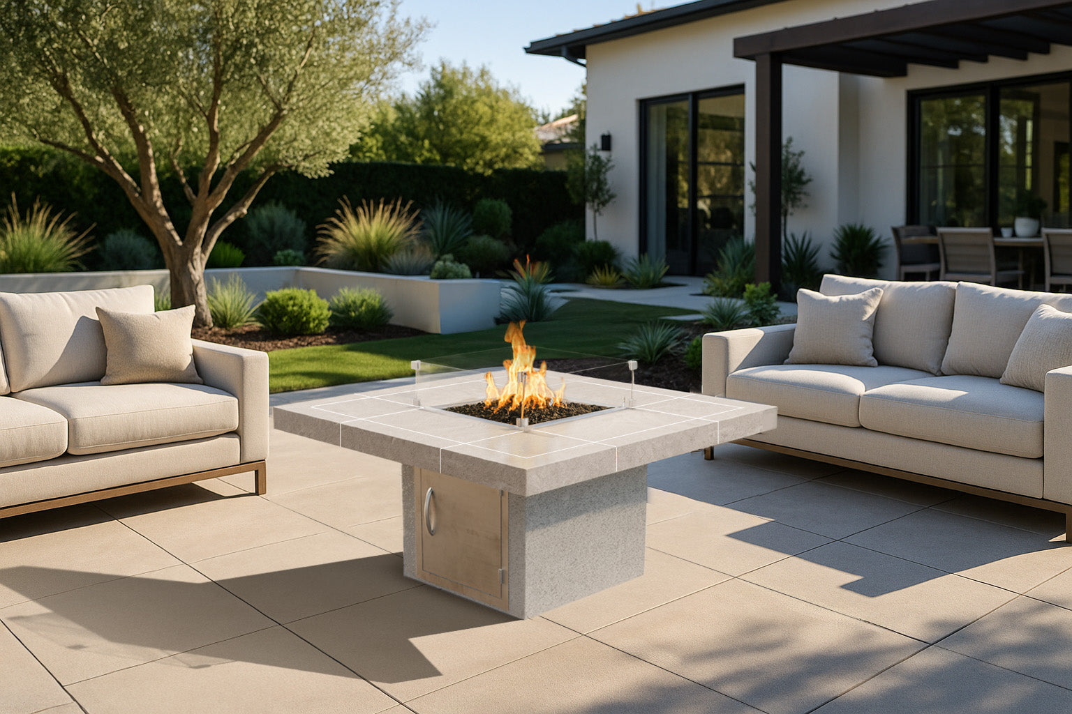 Cal Flame Sedona 48-inch square outdoor gas fire pit table with flames on a patio