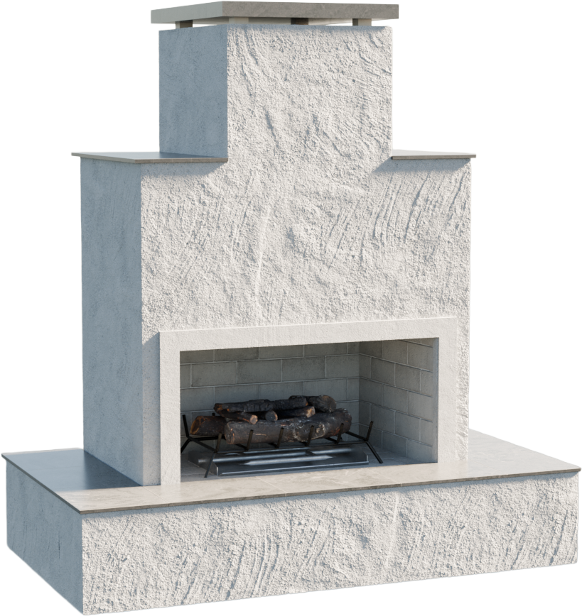 Cal Flame Tahiti outdoor gas fireplace stucco with tile trim and wrap-around mantel