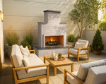 Cal Flame Tahiti 72-inch Escape Series outdoor gas fireplace with wrap-around mantel on a patio