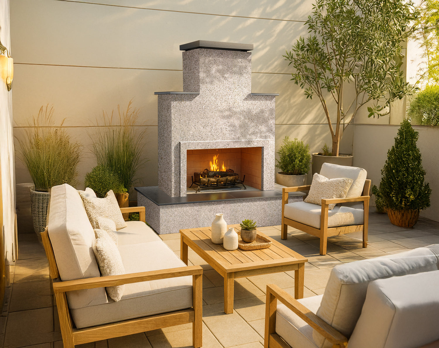 Cal Flame Tahiti 72-inch Escape Series outdoor gas fireplace with wrap-around mantel on a patio