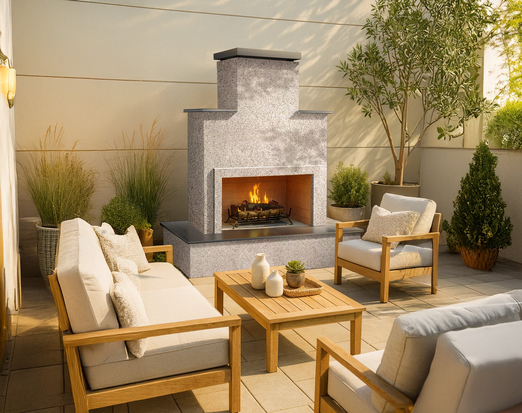 Cal Flame Tahiti 72-inch Escape Series outdoor gas fireplace with wrap-around mantel on a patio
